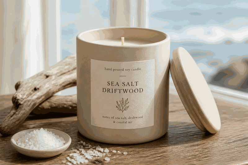 Sea Salt & Driftwood candle beside an open coastal window